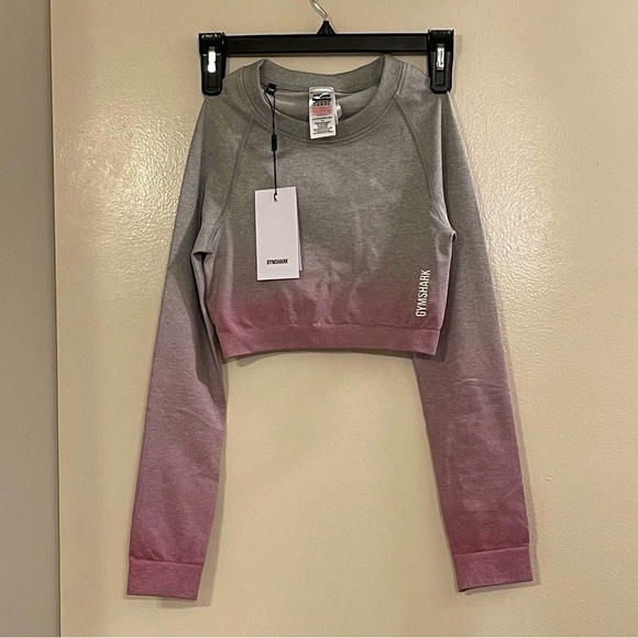 GYMSHARK Adapt Ombre Seamless Long Sleeve Crop Top in Light Gray Marl Shell Pink - Picture 1 of 6